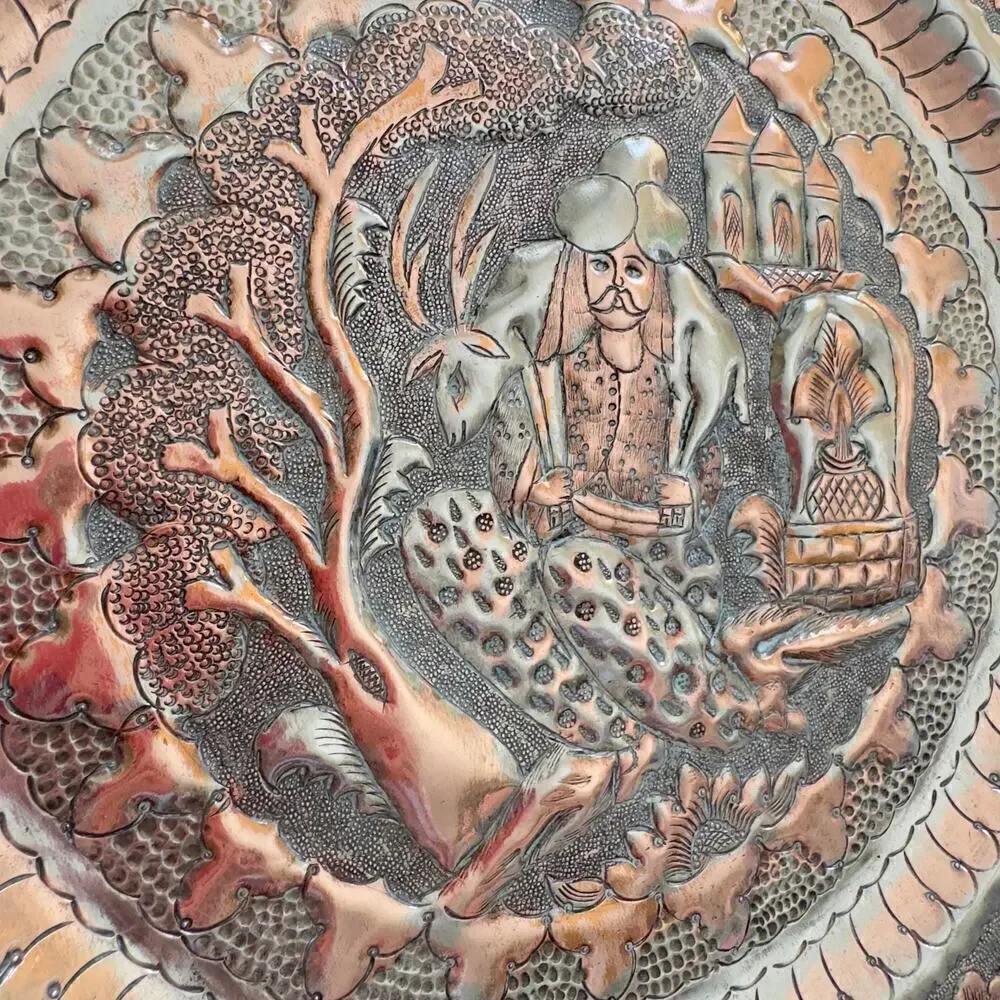 Antique 13” Persian Islamic Tinned Copper Wall Tray Embossed Scene Scalloped Rim